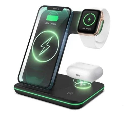 Base Carregadora Sem Fio 3 em 1 para Celular, Relógio e Fones