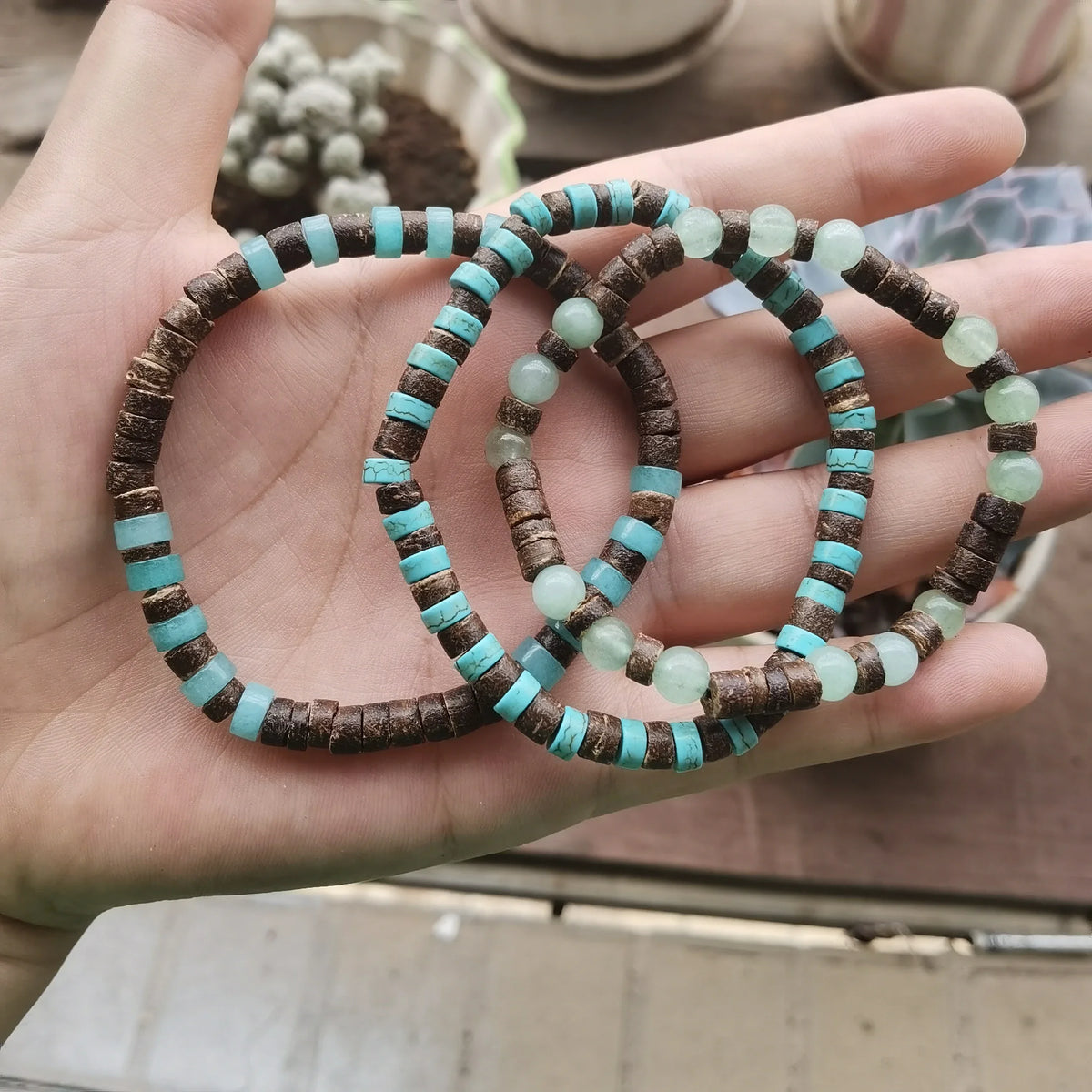 Conjunto de Pulseiras Masculinas de Turquesa e Madeira – Estilo Boho