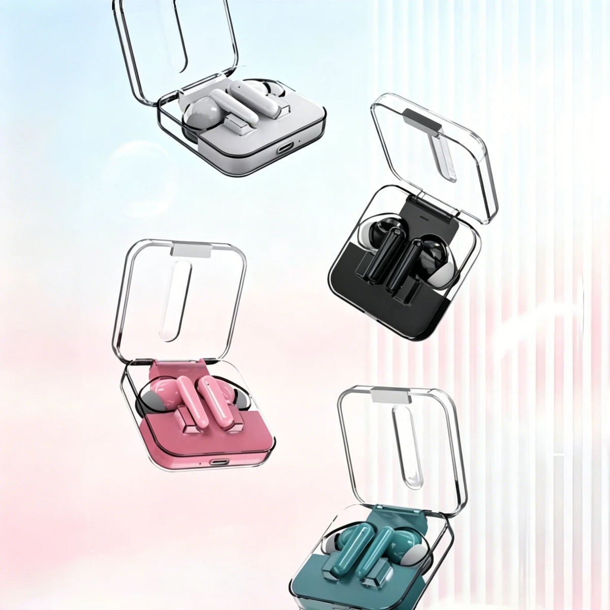 Fone de Ouvido Bluetooth TWS com Estojo de Carregamento Transparente – Design Moderno