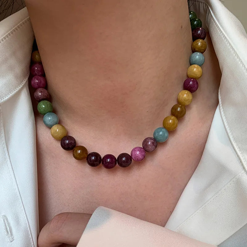 Colar feminino de turmalina colorida natural com contas de 8mm e corrente folheada a ouro 14K - foto 1