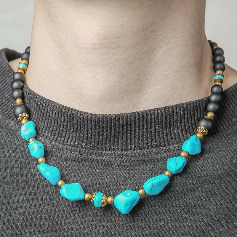 Colar Boho Unissex de Pedras Irregulares Turquesa com Contas Escuras