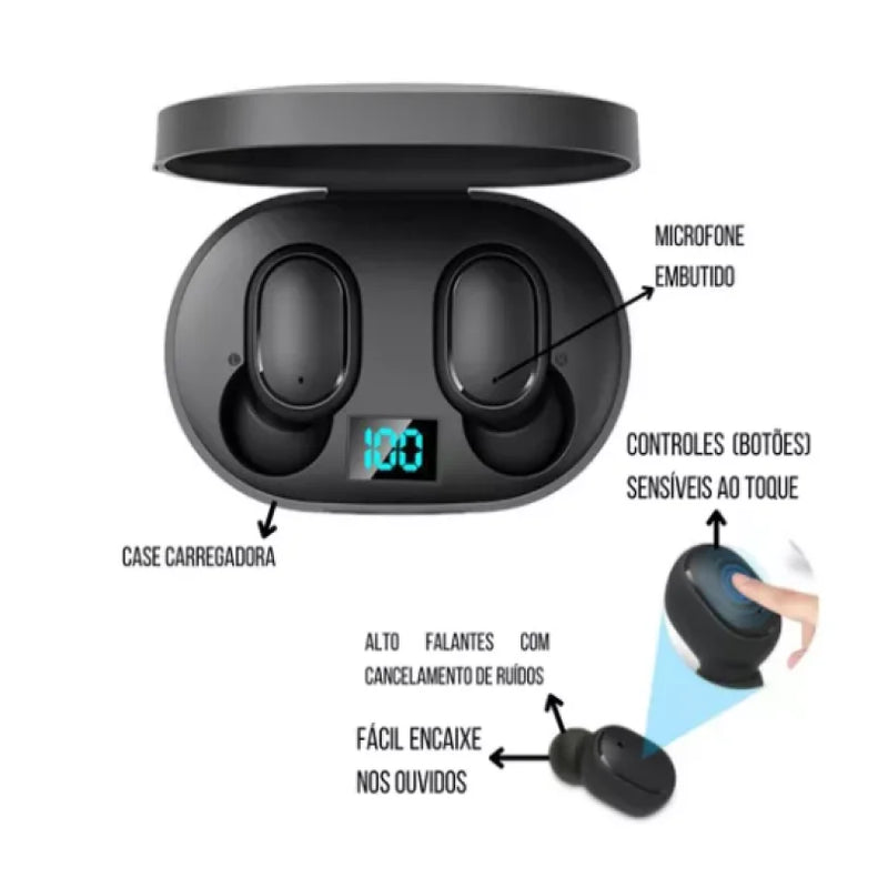 Fone De Ouvido Bluetooth 5.0 Tws E6S S/Fio Caixa Portátil Digital de Carregamento