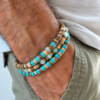 Conjunto de Pulseiras Masculinas com Contas Turquesa e Madeira – Estilo Havaiano Boho
