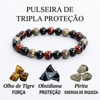 Pulseira Tripla Proteção com Olho de Tigre, Obsidiana e Pirita – Pedras Naturais 6mm
