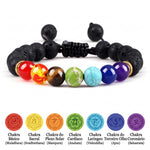 Pulseira 7 Chakras de pedra vulcânica e olho de tigre 8mm, foto principal com os 7 chakras