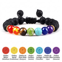 Pulseira 7 Chakras em Pedra Vulcânica e Olho de Tigre 8mm – Pulseira de Energia Unissex para Yoga e Meditação