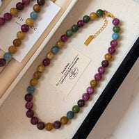 Colar feminino de turmalina colorida natural com contas de 8mm e corrente folheada a ouro 14K - foto 2