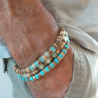 Conjunto de Pulseiras Masculinas com Contas Turquesa e Madeira – Estilo Havaiano Boho