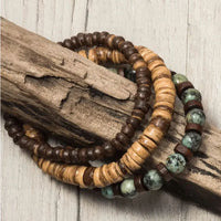 Conjunto de Pulseiras Masculinas com Contas Turquesa e Madeira – Estilo Havaiano Boho