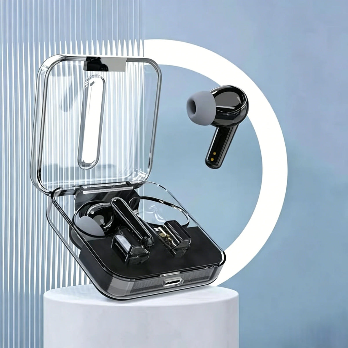Fone de Ouvido Bluetooth TWS com Estojo de Carregamento Transparente – Design Moderno