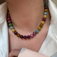 Colar feminino de turmalina colorida natural com contas de 8mm e corrente folheada a ouro 14K - foto 1