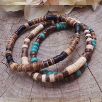 Conjunto de Pulseiras Masculinas com Contas Turquesa e Madeira – Estilo Havaiano Boho