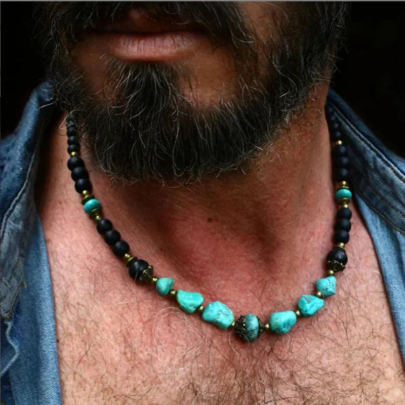 Colar Boho Unissex de Pedras Irregulares Turquesa com Contas Escuras