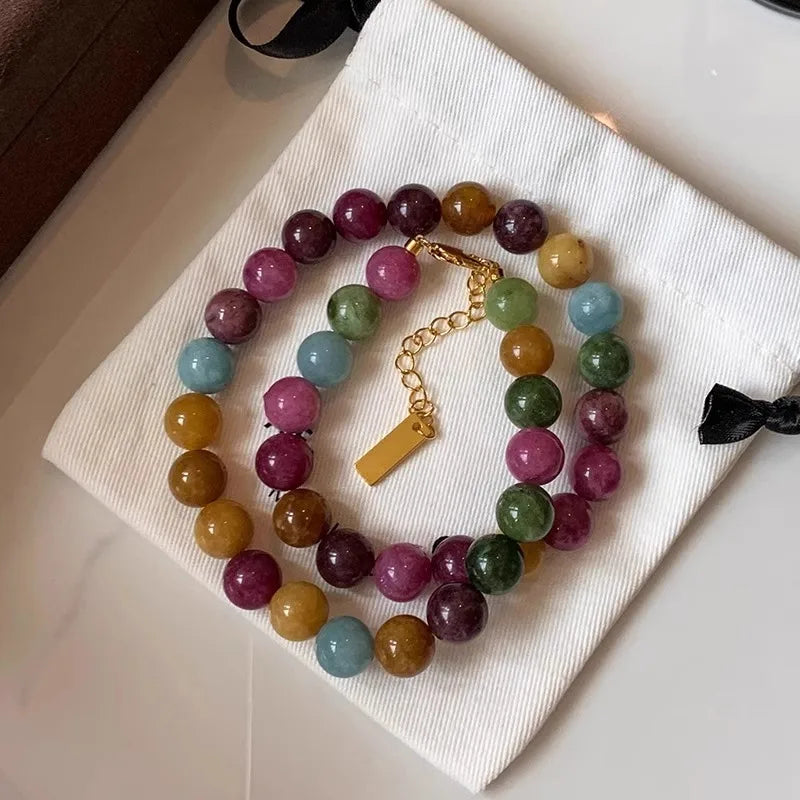 Colar feminino de turmalina colorida natural com contas de 8mm e corrente folheada a ouro 14K - foto 6