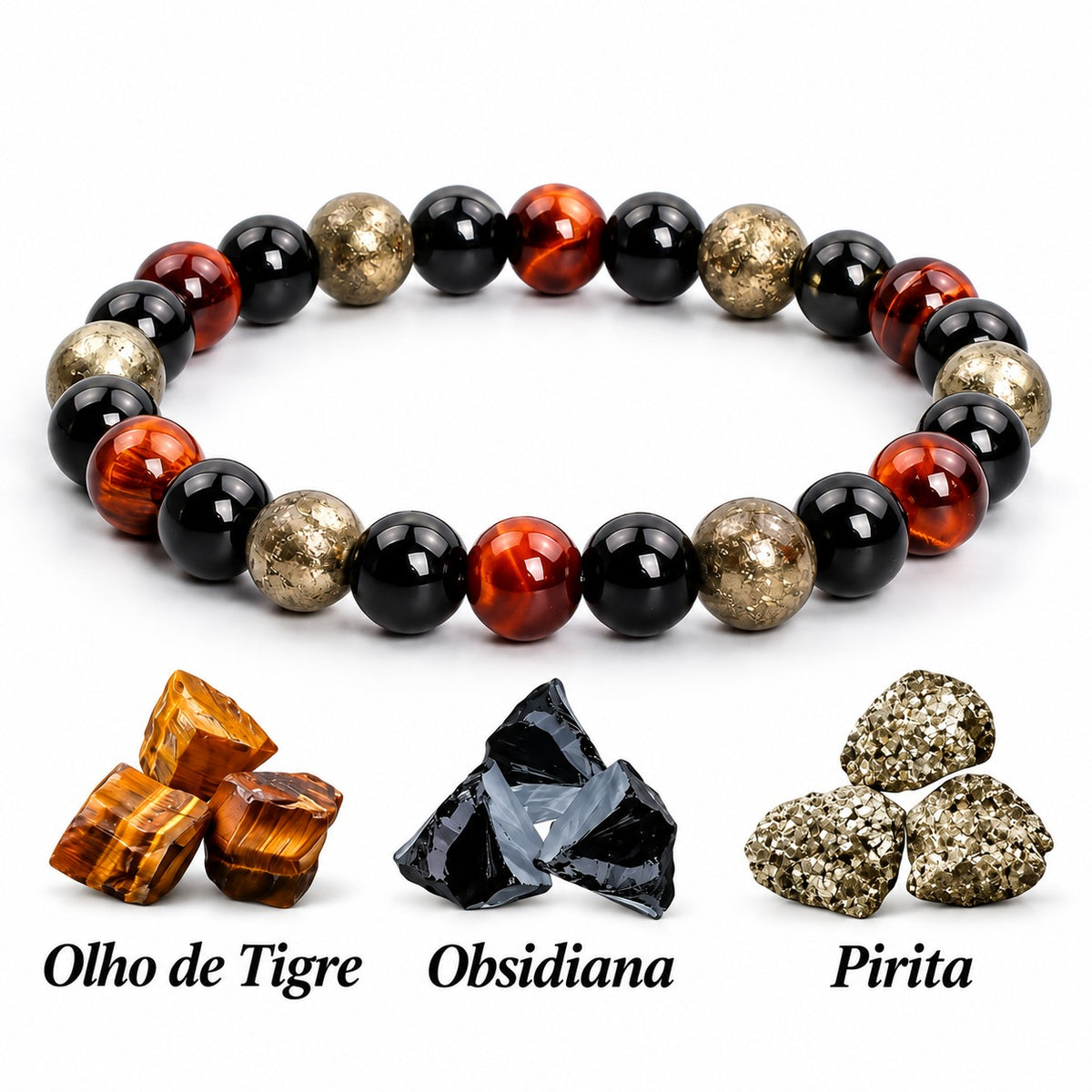 Pulseira de Olho de Tigre, Obsidiana e Pirita em Pedras Naturais 6mm